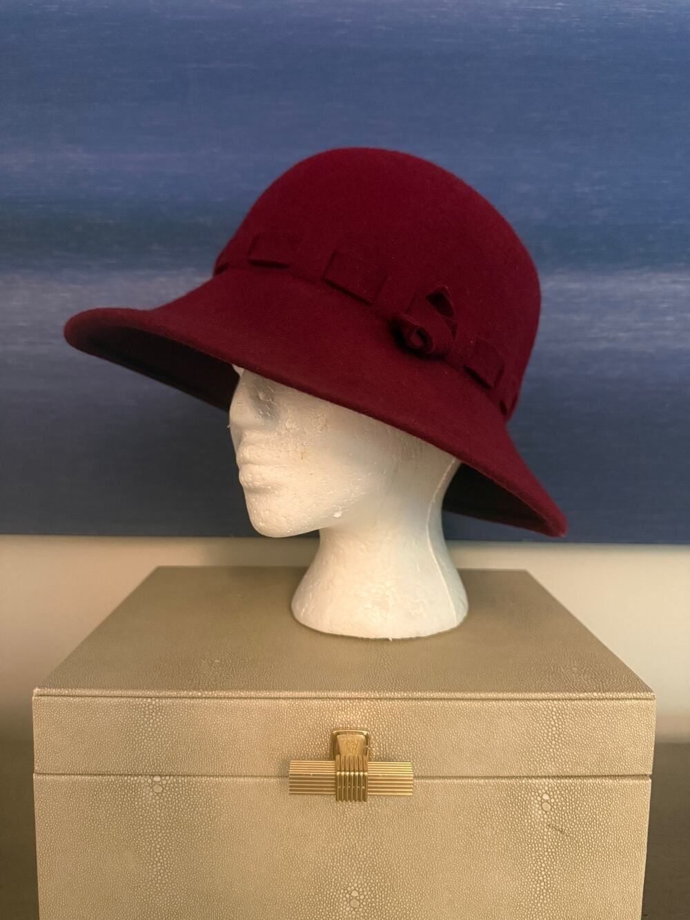 Toucan Collection Red Wool Felt Cloche Hat Wide Brim Bow Vintage Style